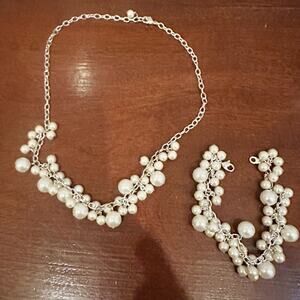 Faux Pearl Necklace Set Bracelet 2 Lot Dangle Costume Fashion Jewelry Preppy